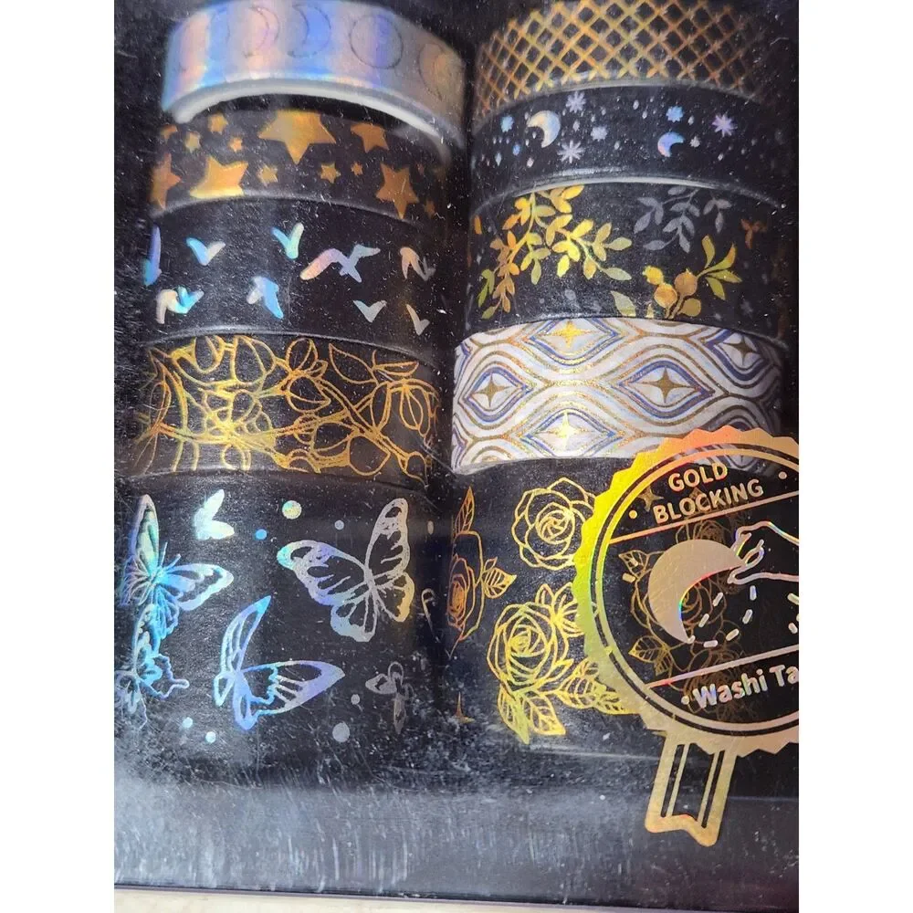 Black Gold Washi Tape Box Whimsy Goth Butterflies Stars Celestial Kawaii
